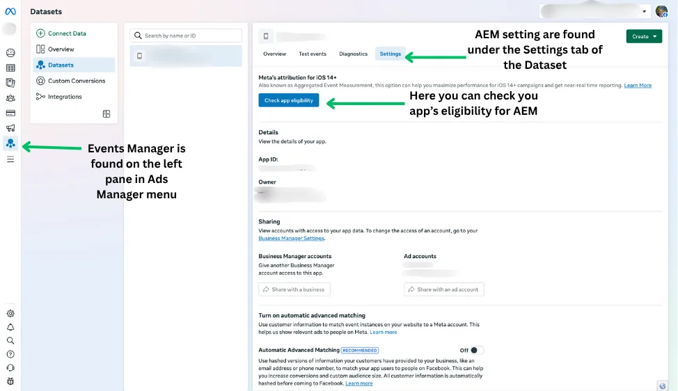 Meta Events Manager screenshot showing AEM settings location - Navigate to Datasets in the left menu, select your dataset, click Settings tab, and check app eligibility under Meta's attribution for iOS 14+