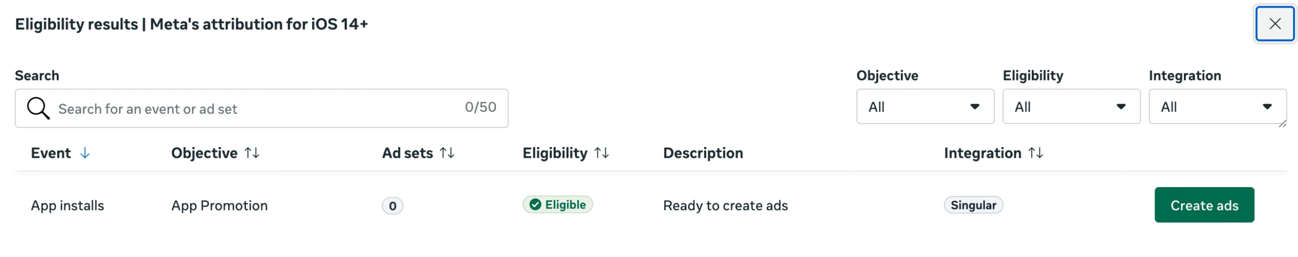 Meta AEM eligibility check results showing App Installs event marked as Eligible for App Promotion objective with Singular integration